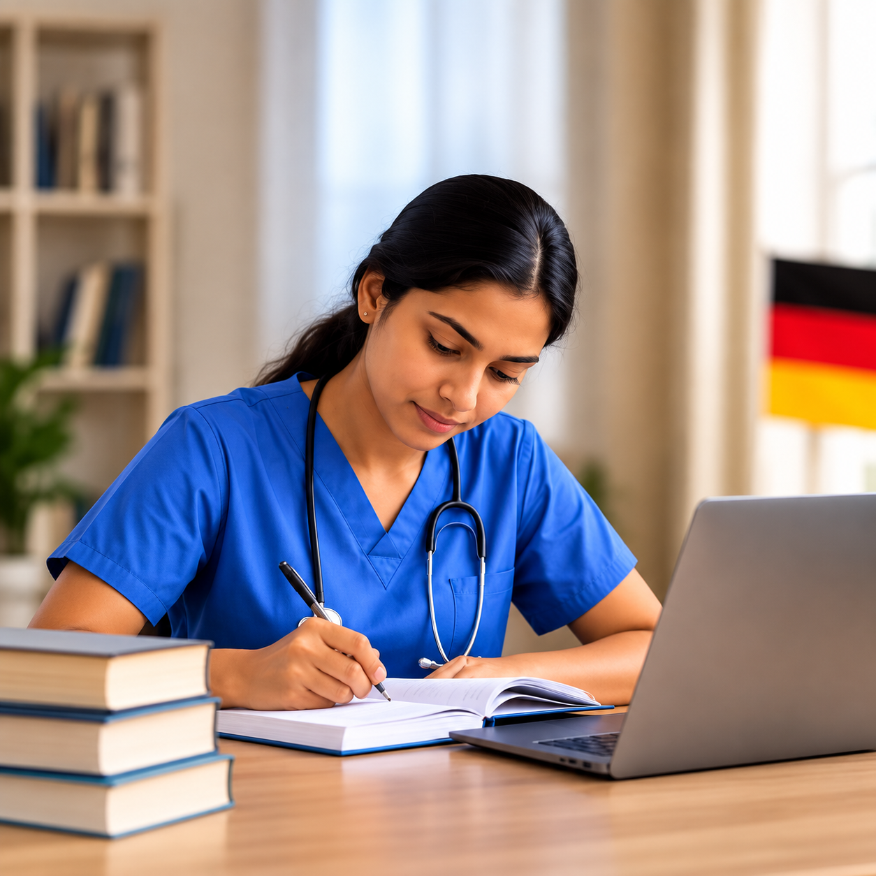 Nurse Studying in a Sunlit Workspace