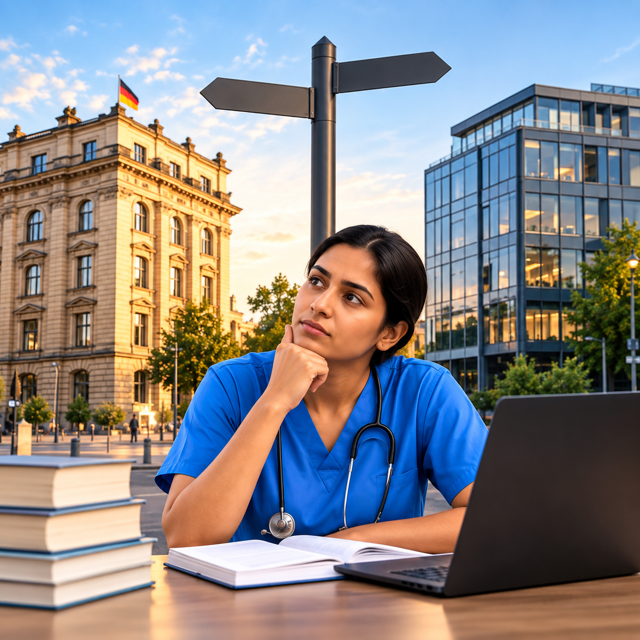 Thoughtful Nurse at a German City Intersection